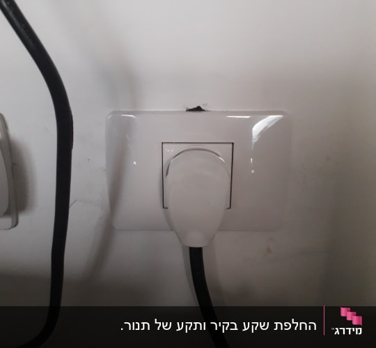 שקע חשמל עם תקע מחובר לקיר לבן